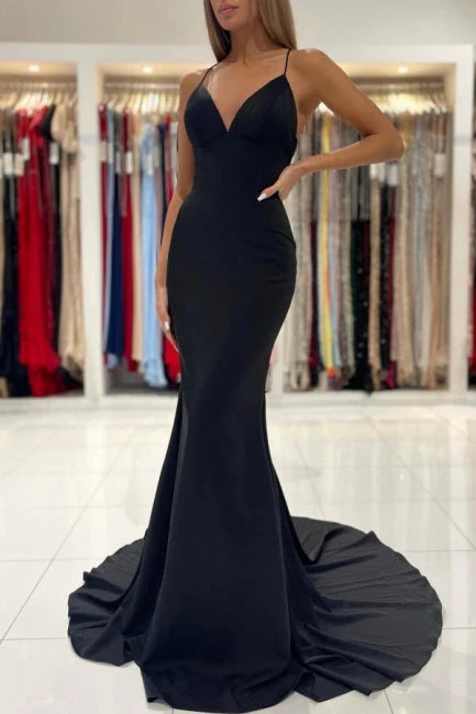 Weitese Dress Simple Black Long Spaghetti Straps Mermaid Prom Dresses